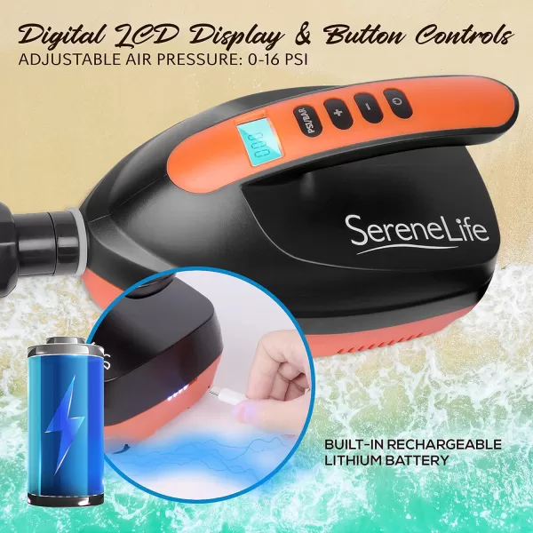 SereneLife Premium Compact Digital Air Pump Compressor with Preset PSI Auto Shut Off for Inflating SUP Paddle Boards, Boats, Rafts, Pool Toys, Water Sports 12V DC Car Connection 