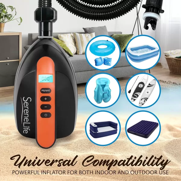 SereneLife Premium Compact Digital Air Pump Compressor with Preset PSI Auto Shut Off for Inflating SUP Paddle Boards, Boats, Rafts, Pool Toys, Water Sports 12V DC Car Connection 