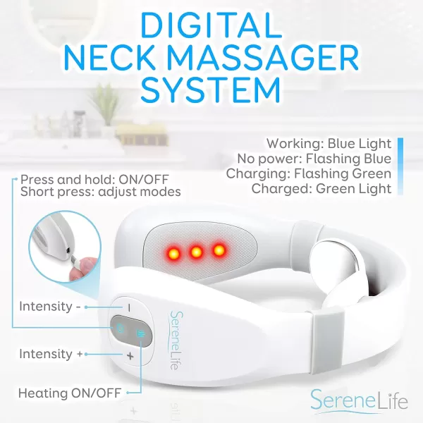 Smart Neck Massager with Heat - Cordless Rechargeable Trigger Point Deep Tissue Portable Neck Massager w/ Heat Vibration Shiatsu Acupressure Therapy, for Men &amp; Women - SereneLife SLNKMSG120 , White