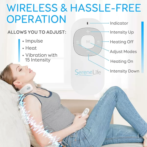 Smart Neck Massager with Heat - Cordless Rechargeable Trigger Point Deep Tissue Portable Neck Massager w/ Heat Vibration Shiatsu Acupressure Therapy, for Men &amp; Women - SereneLife SLNKMSG120 , White