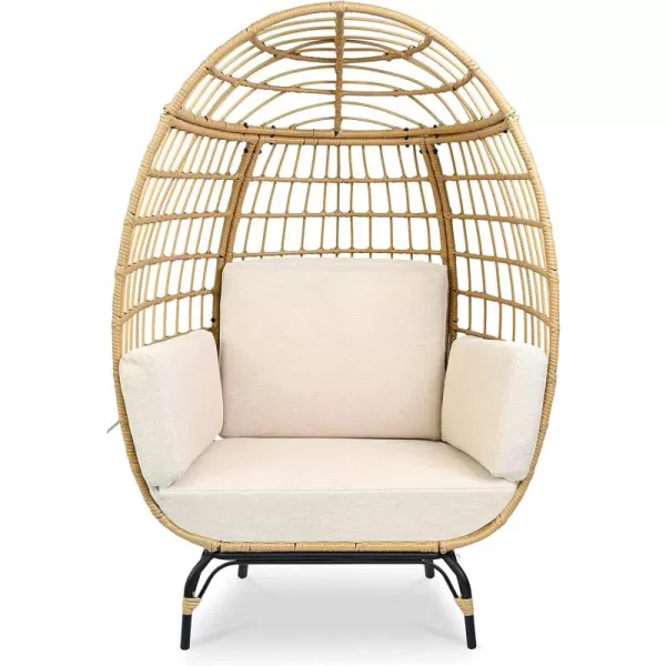 Jovial Wicker Rattan Egg Chair,Indoor Outdoor White Sofa Chair for Patio Backyard and Living Room with 4 Cushions and Powder Coated Steel Frame,Woven Texture Contemporary Ribbed Back Design