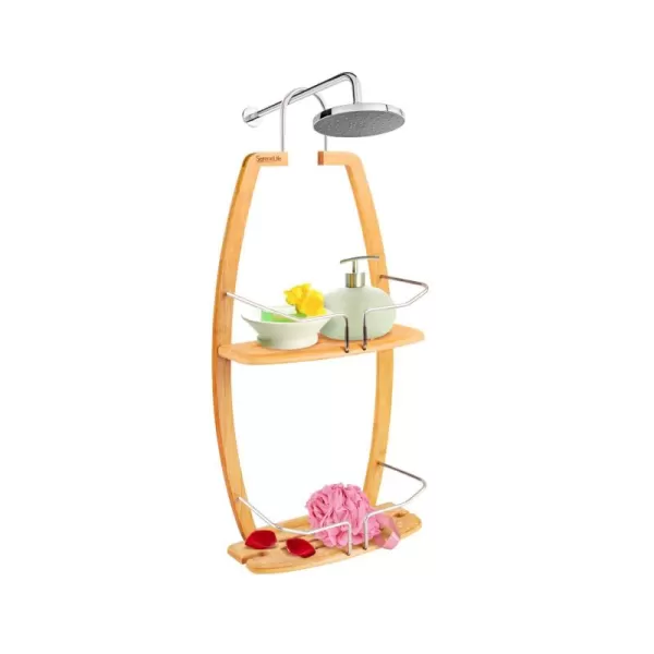 SereneLife Bamboo Hanging Shower Caddy - 2 Tier Wood Water Resistant and Natural Bamboo Bathroom Wall Organizer with Stainless Steel Shelf Rack for Shampoo, Conditioner and Soap Storage