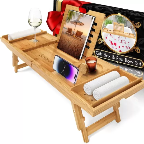 SereneLife Bath Caddy Breakfast Tray Combo - Natural Bamboo Wood Waterproof Tub and Bed with Folding Slide-Out Arms, Device Grooves, Wine Glass Soap Holder