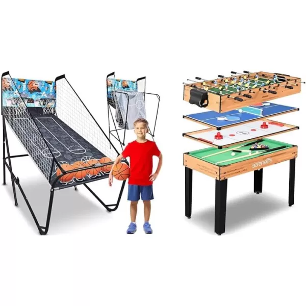 SereneLife Dual Hoop Basketball Shootout Indoor Home Arcade Room Game with Electronic LED Digital Double Basket Ball Shot Scoreboard &amp; Play Timer Fold-up Court Shooting Sports for Kids&amp;Adults Player
