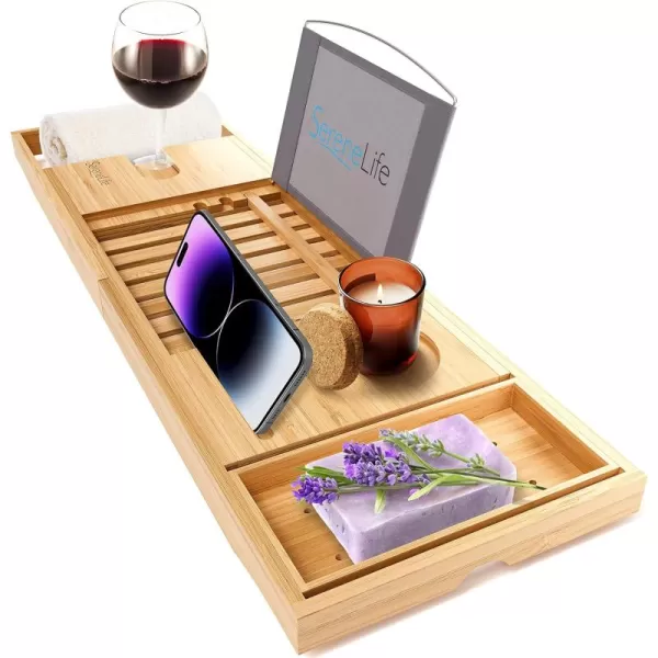 SereneLife Luxury Bamboo Bathtub Caddy Tray - Adjustable Natural Wood Bath Tub Organizer with Wine Holder, Cup Placement, Soap Dish, Book Space &amp; Phone Slot for Spa, Bathroom &amp; Shower - SLBCAD20