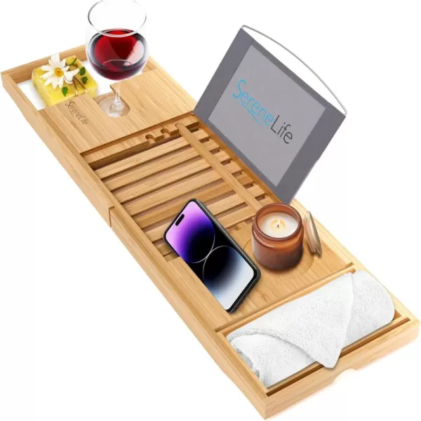 SereneLife Luxury Bamboo Bathtub Caddy Tray - Adjustable Natural Wood Bath Tub Organizer with Wine Holder, Cup Placement, Soap Dish, Book Space &amp; Phone Slot for Spa, Bathroom &amp; Shower - SLBCAD20