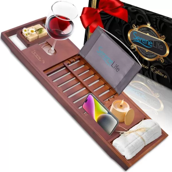 SereneLife Luxury Bamboo Bathtub Caddy Tray - Adjustable Natural Wood Bath Tub Organizer with Wine Holder, Cup Placement, Soap Dish, Book Space &amp; Phone Slot for Spa, Bathroom &amp; Shower - SLBCAD20