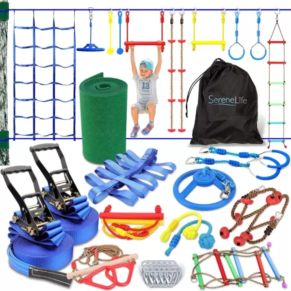 SereneLife Ninja Obstacle Course Slack Line 50ft Slackline with 18 Jungle Gym Tree Climbing Attachments Outdoor Play Equipment Set, Rope Ladder &amp; Accessories, Assorted Color