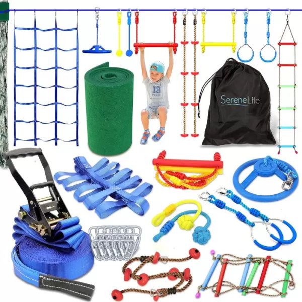 SereneLife Ninja Obstacle Course Slack Line 50ft Slackline with 18 Jungle Gym Tree Climbing Attachments Outdoor Play Equipment Set, Rope Ladder &amp; Accessories, Assorted Color