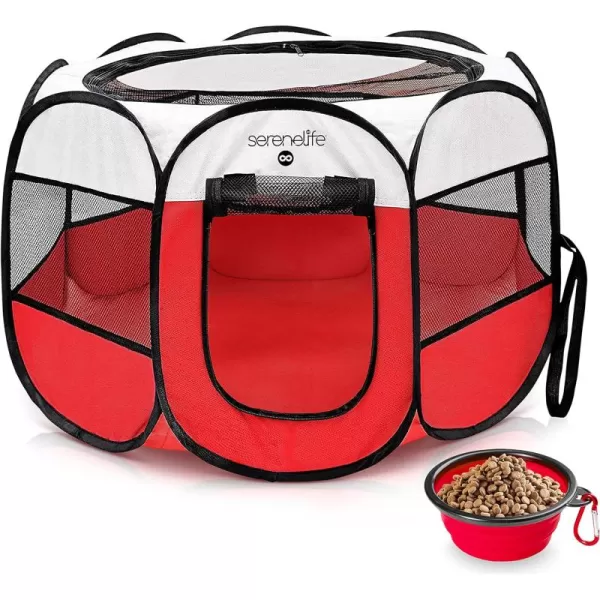 SereneLife On-The-Go Foldable Portable Pet Tent 8-Panel Playpen for Dog &amp; Cat w/Food/Water Bowl, Mesh Exercise Puppy Playground, Pet House Indoor &amp; Outdoor, Travel &amp; Camping Pet Kennel 