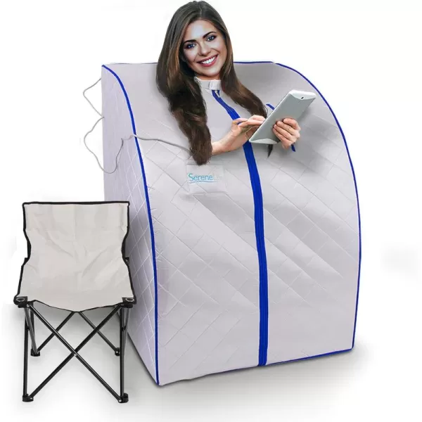 SereneLife Oversize Portable Infrared Home Spa | One Person Sauna | with Heating Foot Pad &amp; Portable Chair, SLISAU20BK, Black