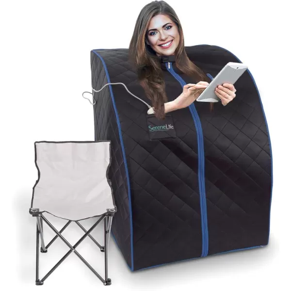 SereneLife Oversize Portable Infrared Home Spa | One Person Sauna | with Heating Foot Pad &amp; Portable Chair, SLISAU20BK, Black