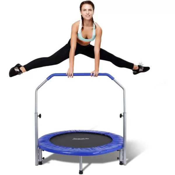 SereneLife Portable &amp; Foldable Trampoline - 40" in-Home Mini Rebounder with Adjustable Handrail, Fitness Body Exercise - SLSPT409, Blue