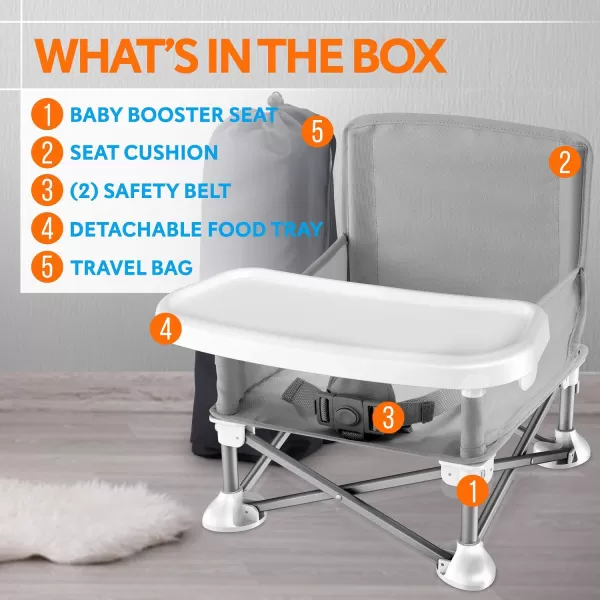 Serene Life Baby Seat Booster -Space Saver Toddler Booster Seat - Portable Pop and open Sit Folding Booster Feeding Chair - Safety Belt/Food Tray/Travel Bag - SereneLife SLBS66, Grey, 6 Piece Set