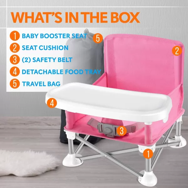 Serene Life Baby Seat Booster -Space Saver Toddler Booster Seat - Portable Pop and open Sit Folding Booster Feeding Chair - Safety Belt/Food Tray/Travel Bag - SereneLife SLBS66, Grey, 6 Piece Set