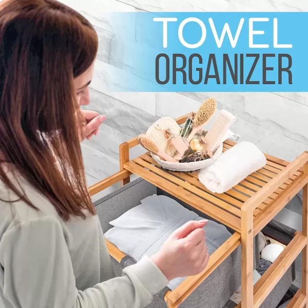 imageSereneLifeHome 3 Section Freestanding Bamboo Bathroom Organizer with Pull Out Hamper Drawers Wooden Laundry Towel Cabinet Tower Three Part Compartment Sorter Basket for Kids Room Large