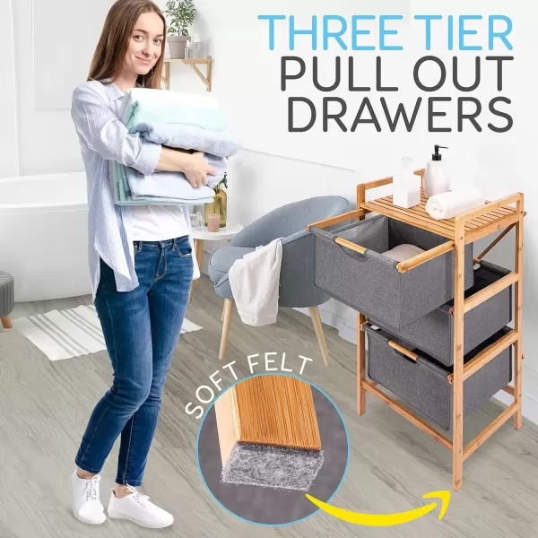 imageSereneLifeHome 3 Section Freestanding Bamboo Bathroom Organizer with Pull Out Hamper Drawers Wooden Laundry Towel Cabinet Tower Three Part Compartment Sorter Basket for Kids Room Large