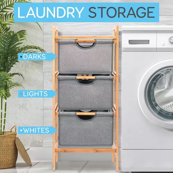 imageSereneLifeHome 3 Section Freestanding Bamboo Bathroom Organizer with Pull Out Hamper Drawers Wooden Laundry Towel Cabinet Tower Three Part Compartment Sorter Basket for Kids Room Large