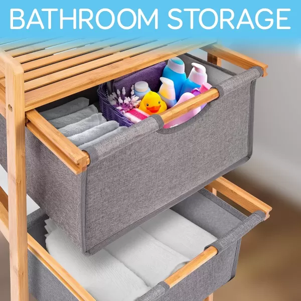 imageSereneLifeHome 3 Section Freestanding Bamboo Bathroom Organizer with Pull Out Hamper Drawers Wooden Laundry Towel Cabinet Tower Three Part Compartment Sorter Basket for Kids Room Large