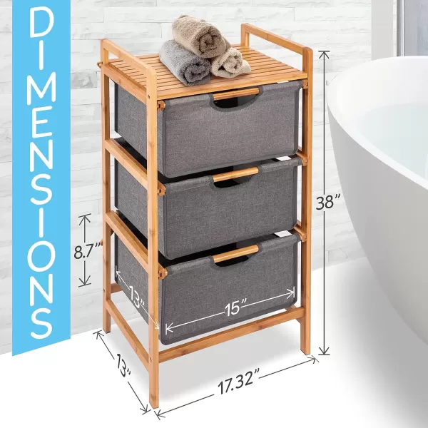 imageSereneLifeHome 3 Section Freestanding Bamboo Bathroom Organizer with Pull Out Hamper Drawers Wooden Laundry Towel Cabinet Tower Three Part Compartment Sorter Basket for Kids Room Large