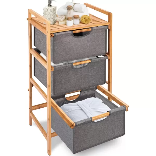 imageSereneLifeHome 3 Section Freestanding Bamboo Bathroom Organizer with Pull Out Hamper Drawers Wooden Laundry Towel Cabinet Tower Three Part Compartment Sorter Basket for Kids Room Large