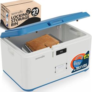 imageSereneLife Lockable Storage Box 7 Gallon Capacity Storage Trunk with Combination Lock Locking Container Bin for OrganizationBlue and White