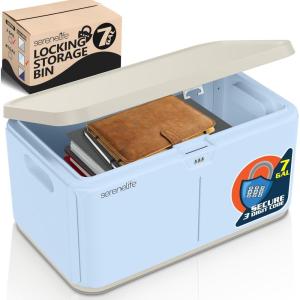imageSereneLife Lockable Storage Box 7 Gallon Capacity Storage Trunk with Combination Lock Locking Container Bin for OrganizationLight Blue