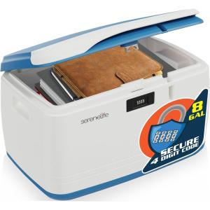 imageSereneLife Locking Storage Container Bin  8 Gallon Large Capacity  Stackable Storage Tote Deck Tough Box  Durable Plastic Household Organizer Bins with Lid Combination Lock Security  SLSBIN10