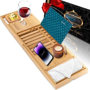 imageSereneLife Luxury Bamboo Bathtub Caddy Tray  Adjustable Natural Wood Bath Tub Organizer with Wine Holder Cup Placement Soap Dish Book Space ampamp Phone Slot for Spa Bathroom ampamp Shower  SLBCAD205 Standard  Soft Back  Gift Set