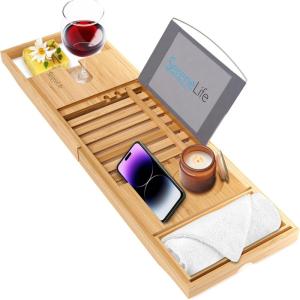 imageSereneLife Luxury Bamboo Bathtub Caddy Tray  Adjustable Natural Wood Bath Tub Organizer with Wine Holder Cup Placement Soap Dish Book Space ampamp Phone Slot for Spa Bathroom ampamp Shower  SLBCAD201 Standard  Soft Back