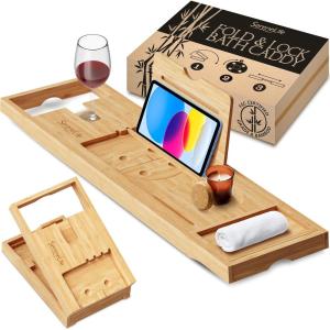 imageSereneLife Luxury Bamboo Bathtub Caddy Tray  Adjustable Natural Wood Bath Tub Organizer with Wine Holder Cup Placement Soap Dish Book Space ampamp Phone Slot for Spa Bathroom ampamp Shower  SLBCAD202 Folding  Hard Back