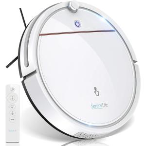 imageSereneLife Robot Vacuum Cleaner and Dock  1500pa Suction w Scheduling Activation and Charging Dock  Robotic Auto Home Cleaning for Carpet Hardwood Floor Pet Hair  Pure Clean PUCRC95 RedWhite