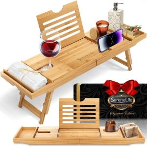 imageSereneLife Bath Caddy Breakfast Tray Combo  Natural Bamboo Wood Waterproof Tub and Bed with Folding SlideOut Arms Device Grooves Wine Glass Soap Holder3 Folding  Hard Back  Gift Set