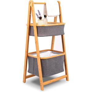 imageSerenelifeHome 2 Tier Fold Out Floor Standing Bathroom Storage Tower Shelf Collapsible Hamper Shelves Bamboo Wooden Drawers Small Ladder Organizer Shelving Corner Stand Unit for Bedroom Laundry Room