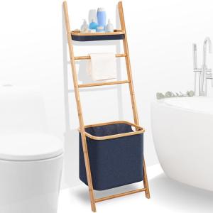 imageSerenelifeHome Wooden Bath Towel Ladder Rack with Drying Bar Storage Holder and Hamper Basket  Wall Leaning Decorative Blanket Throw Hanger Stand for Bathroom Floor Standing Modern Room Organizer