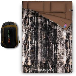 imageSereneLife Double Sleeping Bag with Pillows Waterproof ampamp Detachable for 2 Single Bags Lightweight ampamp Warm Perfect for Camping Hiking Backpacking and Cold Weather Suitable for Temperatures 510FBrown