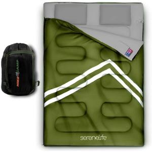 imageSereneLife Double Sleeping Bag with Pillows Waterproof ampamp Detachable for 2 Single Bags Lightweight ampamp Warm Perfect for Camping Hiking Backpacking and Cold Weather Suitable for Temperatures 510FGreen