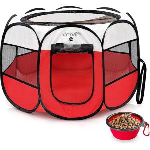 imageSereneLife Large Foldable Pet Playpen for Dogs and Cats  449 Portable 8Panel Mesh Indoor and Outdoor Pet Tent with Removable Top ampamp Collapsible Bowl Play Space for Small to Medium Pets Red