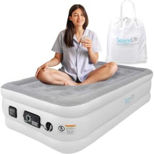 imageSereneLife Luxury Full Size Air Mattress with BuiltIn High Speed Pump Adjustable Firmness Levels Strong Spine Support 18quot Inflatable Airbed for Guests Home Camping and TravelWhite