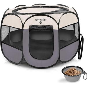 imageSereneLife OnTheGo Foldable Portable Pet Tent 8Panel Playpen for Dog ampamp Cat wFoodWater Bowl Mesh Exercise Puppy Playground Pet House Indoor ampamp Outdoor Travel ampamp Camping Pet Kennel Grey MediumGrey