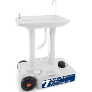 imageSereneLife Portable Camping Sink with 30L 7 Gallon BuiltIn Water Tank Large Wheels HandsFree Foot Pump ExtraLarge Basin and 5L Soap Dispenser  Ideal for Outdoors Camping and Worksites7 Gal w Wheels