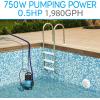 imageSereneLife 12HP Sump Pump Submersible 1980GPH Water Pump for Pool Draining with Auto Float Switch 3pc Adapter Set for USA Garden and Flat Hose 16ft Cord Clean Dirty Water Yard Pool Tub Pond12HP