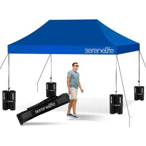 imagePop Up Canopy Tent 10x15  Commercial Instant Shelter FoldableCollapsible Sun Shade Canopy Pop Up Tent wWaterproof UV Resistant Tent Top Portable Carry Bag ampamp Sand Bag  SereneLife SLGZ15W WhiteBlue