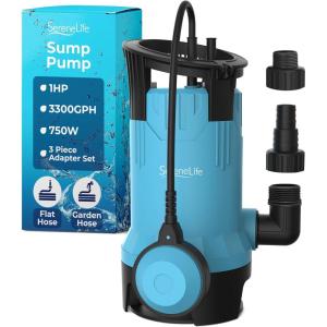 imageSereneLife 12HP Sump Pump Submersible 1980GPH Water Pump for Pool Draining with Auto Float Switch 3pc Adapter Set for USA Garden and Flat Hose 16ft Cord Clean Dirty Water Yard Pool Tub Pond1HP