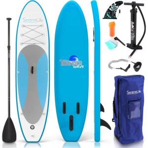imageSereneLife Inflatable Stand Up Paddle Board with Premium SUP Accessories  Wide Stable Design with NonSlip EVA Deck Pad for Adults and Youth of All Skill Levels 350 lbs CapacityLight Blue