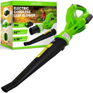 imageSerenlife Lightweight Cordless Leaf Blower  18V 55 MPH Air Speed  Perfect for Decks Gutter Cleaning Snow ampamp Small Yards  Rechargeable Battery ampamp Charger Included  Charge Time 4 Hours  Only 5 lbsBattery