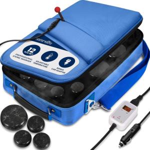 imagePortable Massage Stone Warmer Set  Electric Spa Hot Stones Massager and Heater Kit with 6 Large and 6 Small Round Shaped Basalt Massaging Rocks Digital Controller Heating Bag PinkBlue