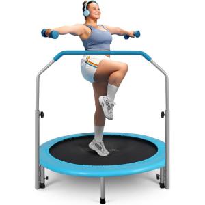 imageSereneLife 3640quot Foldable Mini Trampoline  Compact Fitness Trampoline for Kids Adults Exercise Rebounder with Foam Handle IndoorGarden Workout Equipment Max Load 150220 lbs40 IN Sky Blue
