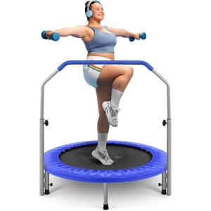 imageSereneLife 3640quot Foldable Mini Trampoline  Compact Fitness Trampoline for Kids Adults Exercise Rebounder with Foam Handle IndoorGarden Workout Equipment Max Load 150220 lbs40 IN Deep Blue