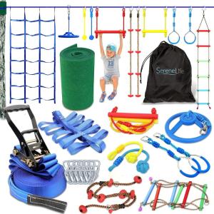 imageSereneLife 50ft Ninja Slackline Obstacle Course  Outdoor Jungle Gym with Rope Ladder Climbing Attachments ampamp Accessories for Kids Up to 300lbs Capacity Assorted Colors1 Slack Line